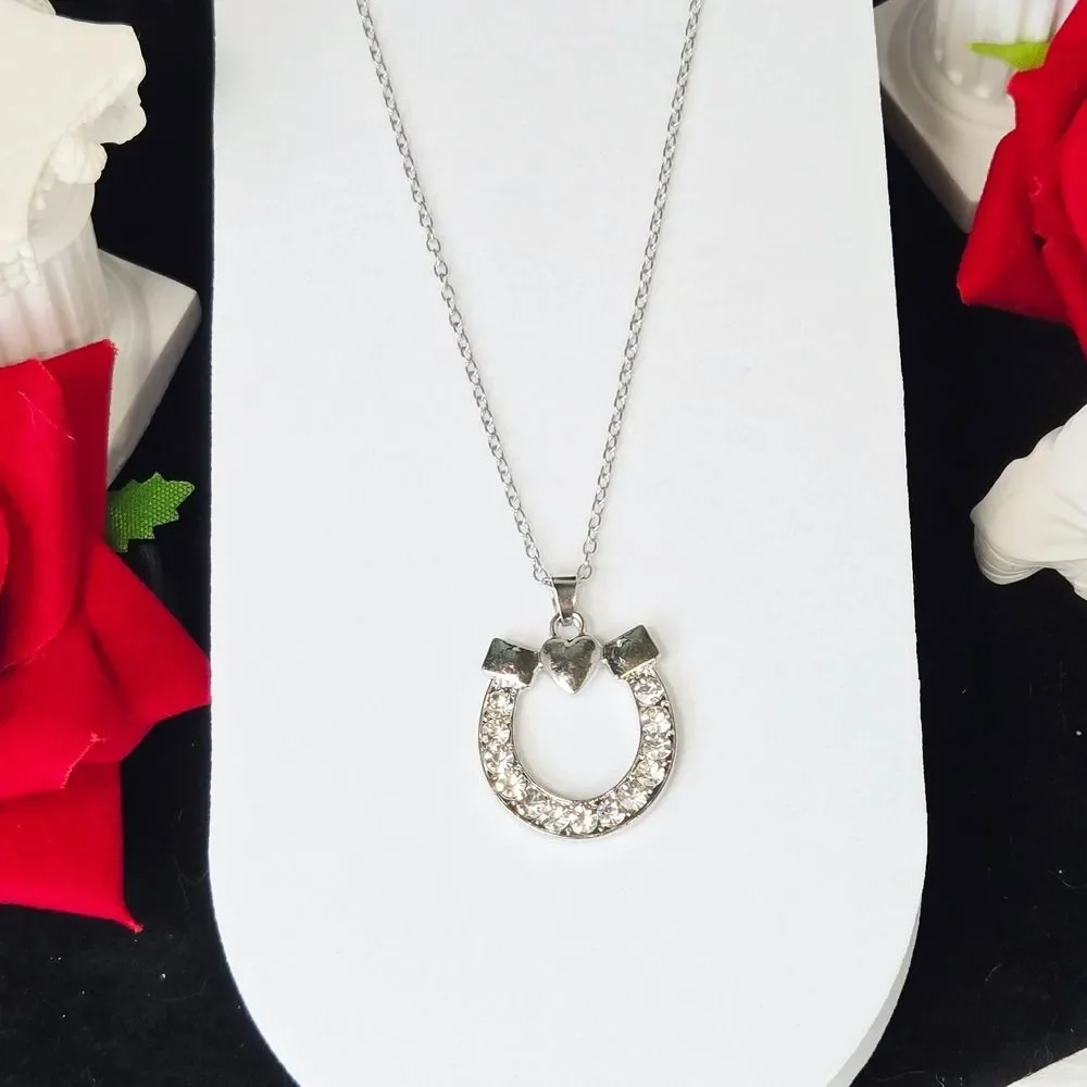 Silver Horseshoe Pendant Necklace Rhinestone Lucky Charm Equestrian Jewelry 20